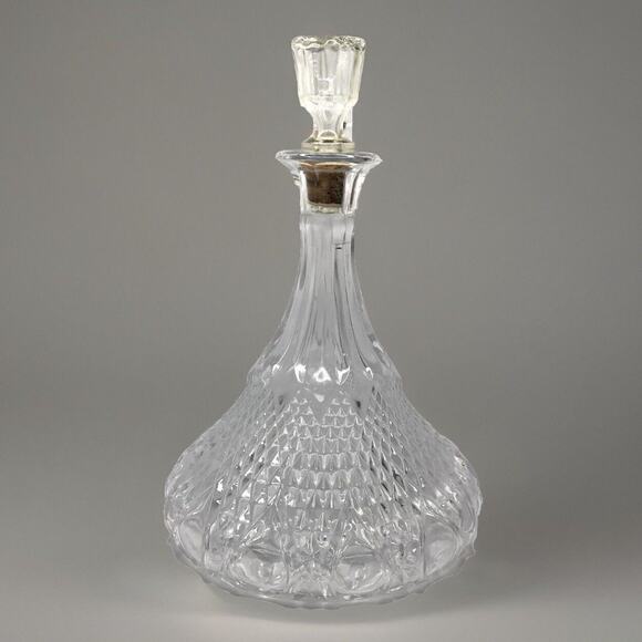 VTG MCM Diamond Cut Glass Ships Wine Decanter 10.5” H 7” D Glass Cork Stopper - Picture 1 of 9